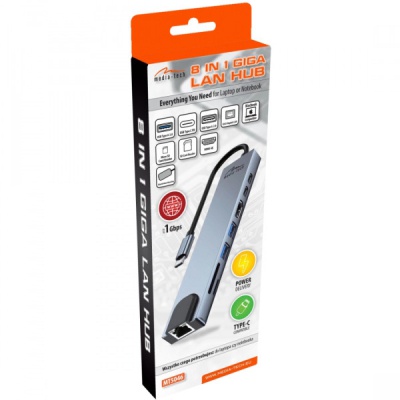 Концентратор Media-Tech USB-C 8-in-1 HDMI 4K/2xUSB-A/2xUSB-C/RJ45/SD/TF/PD 100W USB3.1 (MT5046)