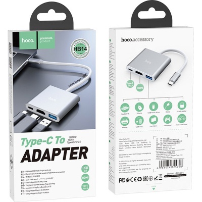 Концентратор HOCO USB-C to USB3.0+HDMI+PD HB14 Silver (6931474725790)