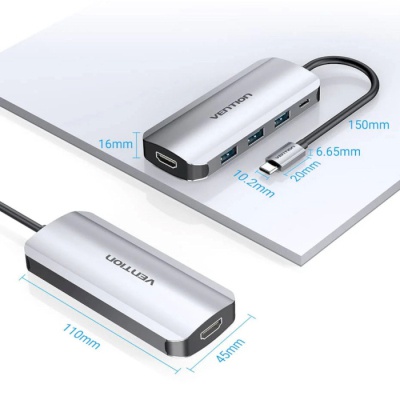 Концентратор Vention USB 3.1 Type-C to HDM/USB 3.0х3//PD 100W 5-in-1 (THFHB)