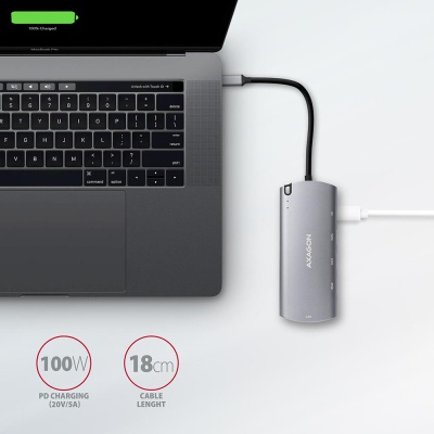 Концентратор AXAGON USB-C to 2xUSB-A + HDMI + RJ45 + SATA M.2 + PD 100W 0.18m grey (HMC-6M2)