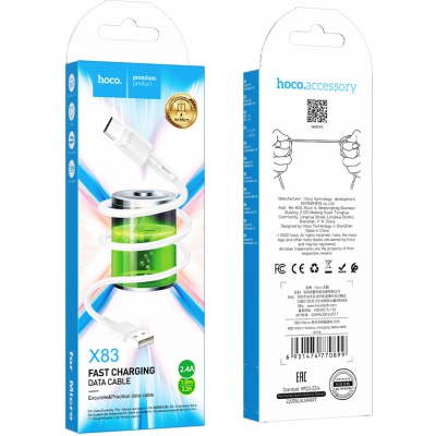Дата кабель USB 2.0 AM to Micro 5P 1.0m 2.4A PVC X83 white HOCO (6931474770899)