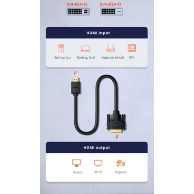 Кабель мультимедійний HDMI M to DVI M 2.0m HD106 black UGREEN (10135)
