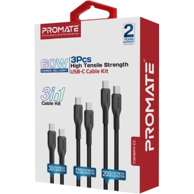 Дата кабель USB-C to USB-C cablekit-cc.black Promate (cablekit-cc.black)