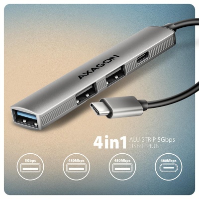 Концентратор AXAGON USB-C to 1xUSB-A 5Gbps + 2xUSB-A 480Mbps + 1xUSB-C 480Mbps 0.12m aluminum (HUE-STC)
