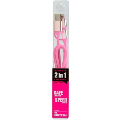 Дата кабель LogicPower 2 в 1 USB 2.0 -> micro USB -> Lightning P 1м розовый /Retail (4104)