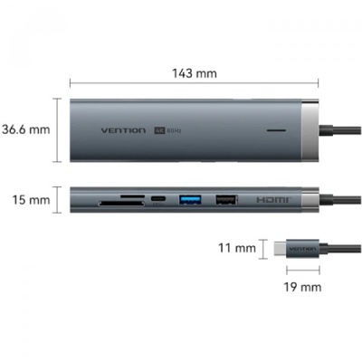 Концентратор VENTION USB-C 9-in-1 HDMI 60Hz + 2xUSB 3.0 + RJ45 + SD/TF + 3.5mm + PD 100W (TGVHB)
