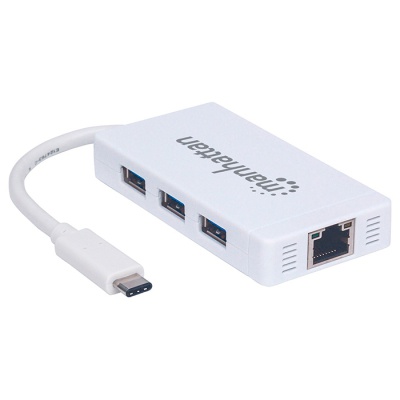 Концентратор Intracom Manhattan Type-C Hub 3-port USB3.0 + RJ45 Gigabit Ethernet White (507608)